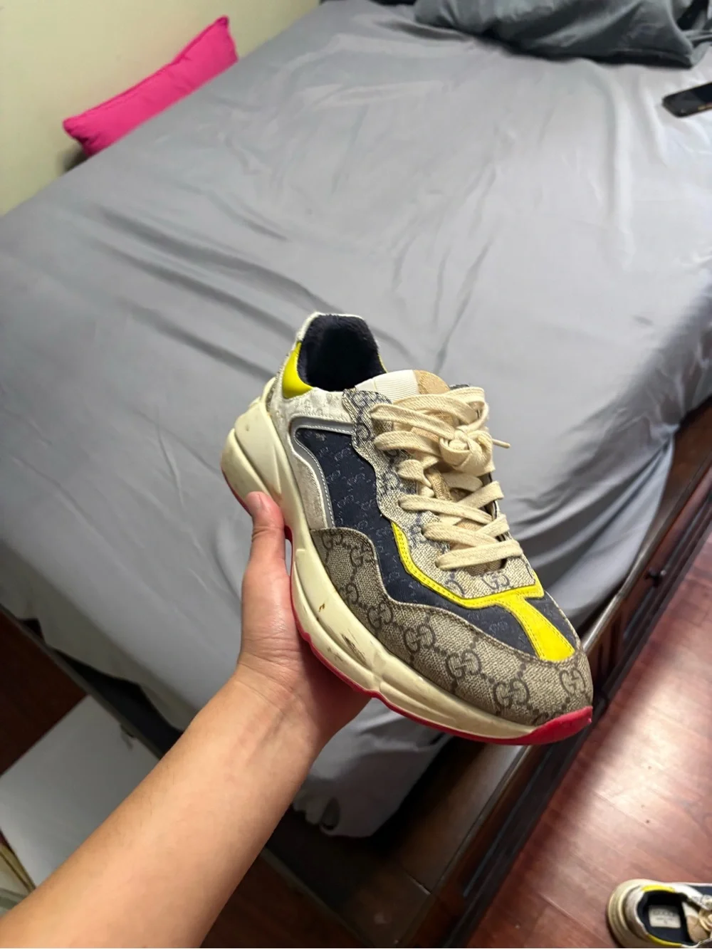 Gucci Men's Gray GG Supreme Chunky Sneaker with Yellow and Red Accents